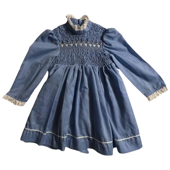 Vintage 80s Baby Blue Dress with Embroidered Front & Lace Detail - Picture 2 of 7